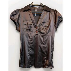 Women’s Satin Short-Sleeve V-Neck Blouse - Brown